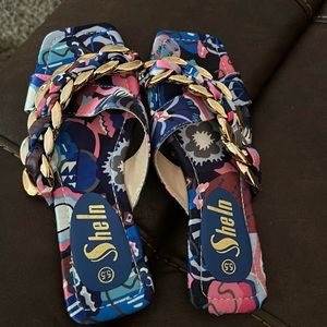Blue pink and gold chain flip flops